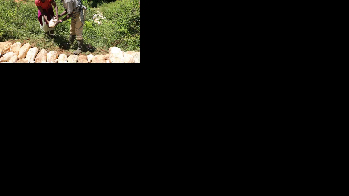 Two people placing a stone in a rock wall.