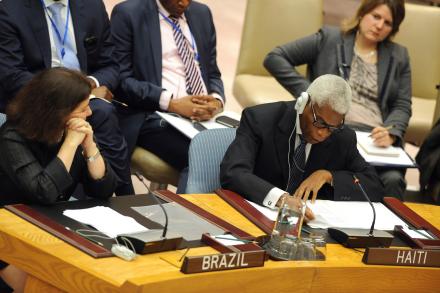 Jean Wesley Cazeau (front row, right), Permanent Representative of Haiti to the UN, addresses the Security Council debate on the UN Stabilization Mission in Haiti (MINUSTAH).